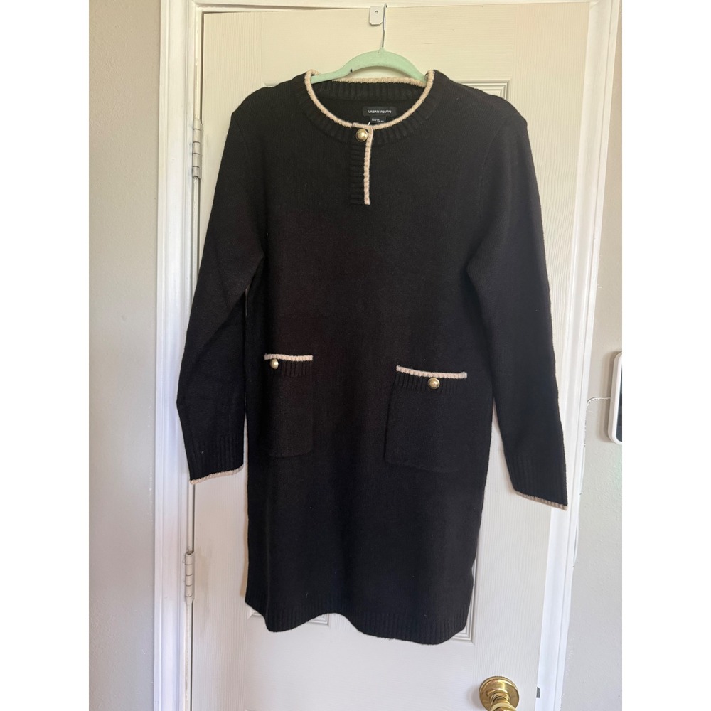 Urban Revivo Black Knit Sweater Dress Gold Buttons Contrast Trim XS US2
